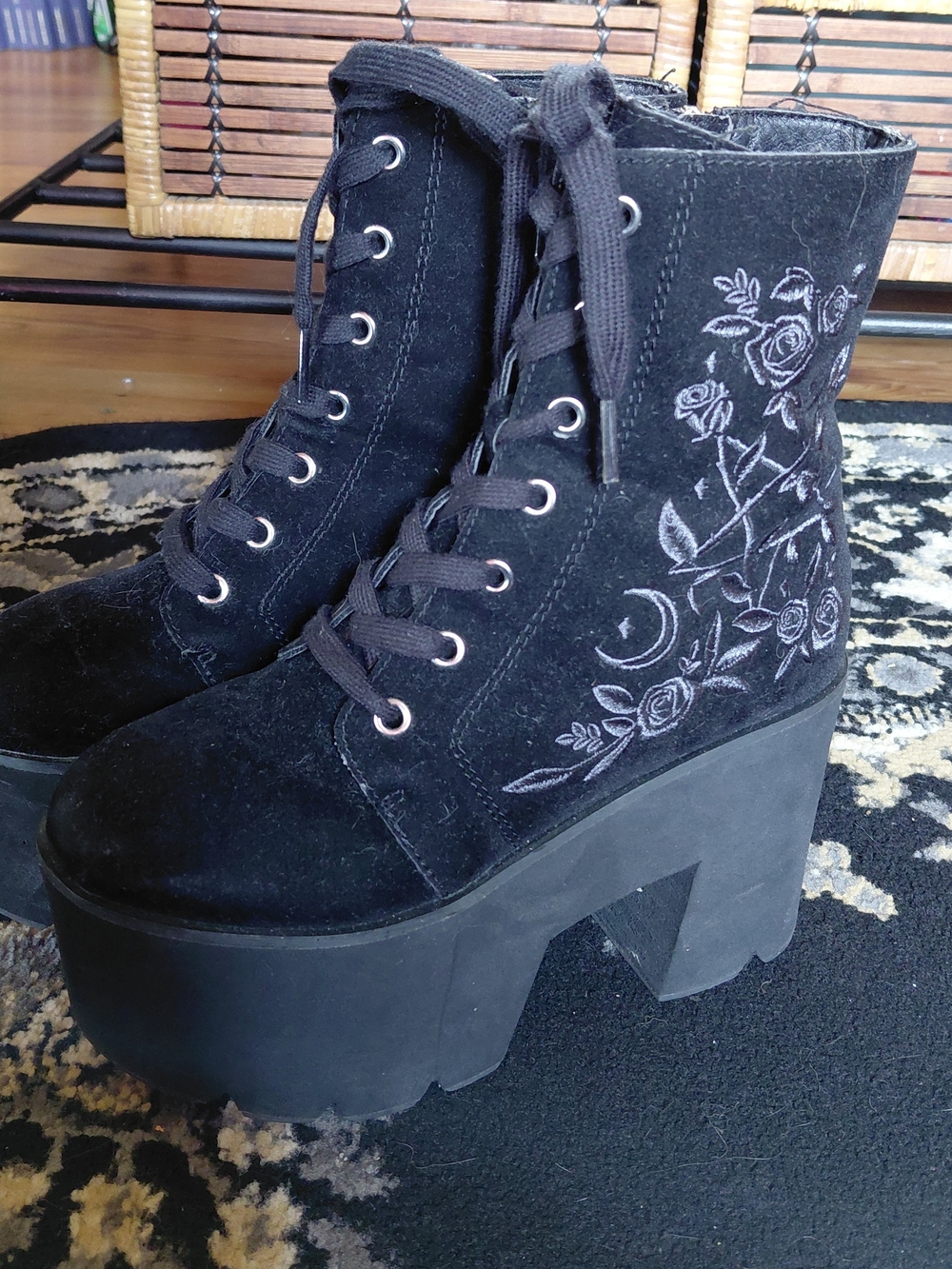 Killstar "Gaia" Black Platform Lace-Up Boots with Embroidered Roses